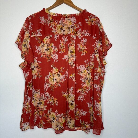LC Lauren Conrad Flutter Sleeve Blouse 4X Orange Floral Chiffon Tunic - Picture 2 of 10